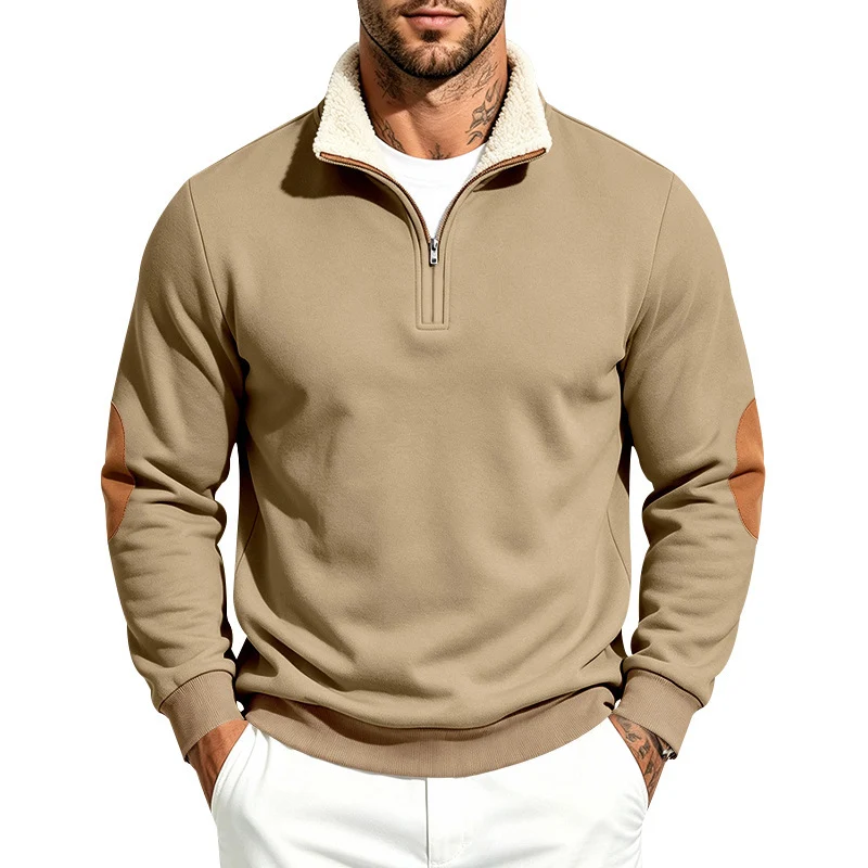 Herren Thermo-Fleece-Halbzippullover mit Teddy-Kragen und Kontrast-Ellbogenpatches Drune