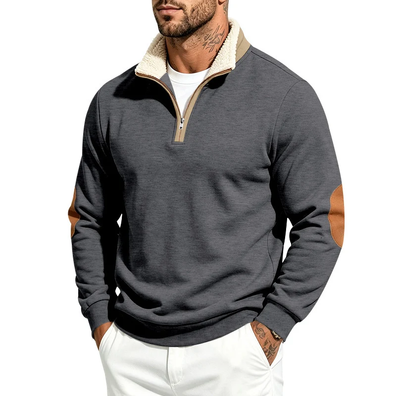 Herren Thermo-Fleece-Halbzippullover mit Teddy-Kragen und Kontrast-Ellbogenpatches Drune
