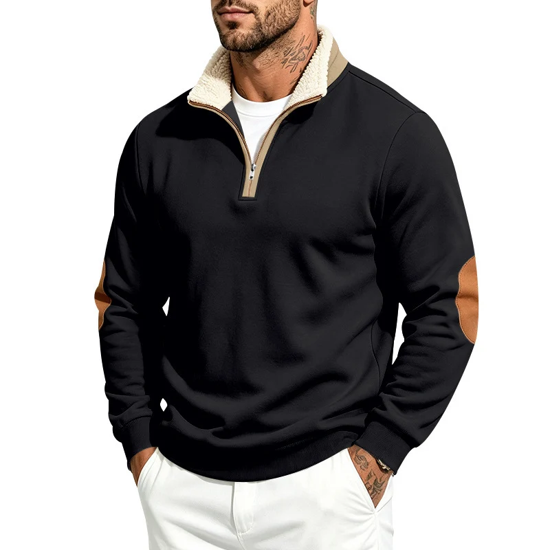 Herren Thermo-Fleece-Halbzippullover mit Teddy-Kragen und Kontrast-Ellbogenpatches Drune