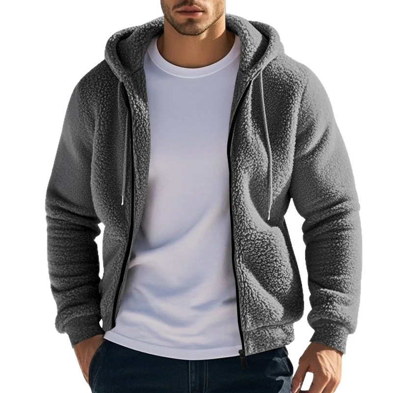 Herren Teddy-Fleece-Kapuzenjacke mit durchgehendem Reißverschluss und Kängurutaschen Drune