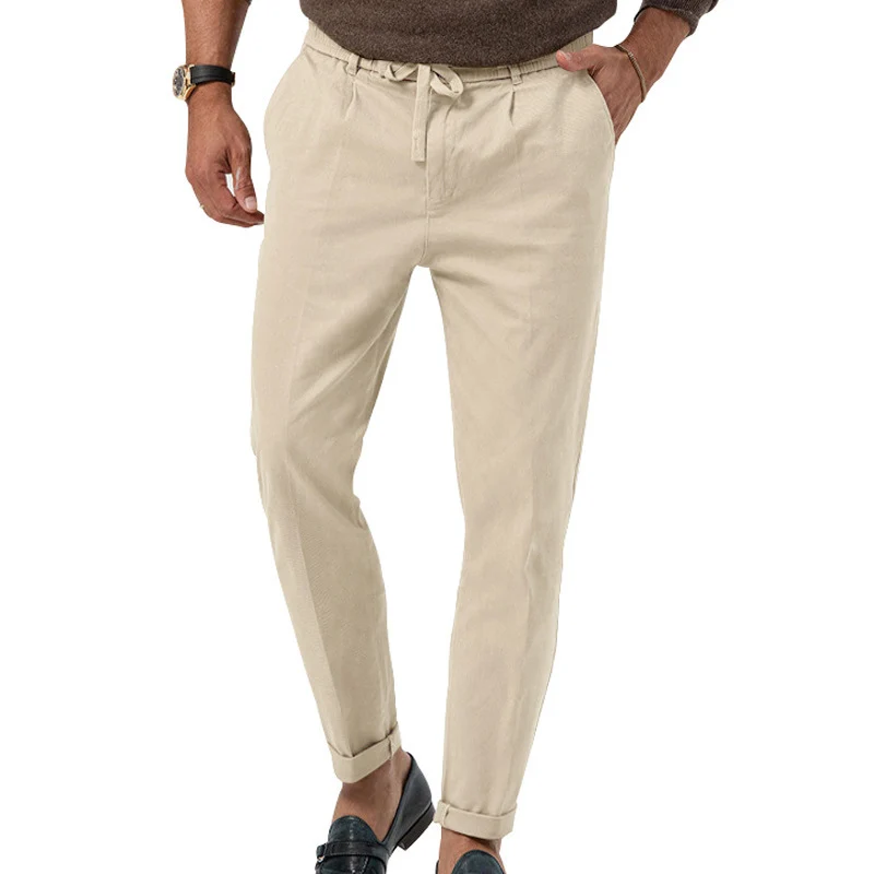 Herren Tapered Leinen-Baumwoll-Hose mit Elastikbund, Tunnelzug und Bündchen Drune