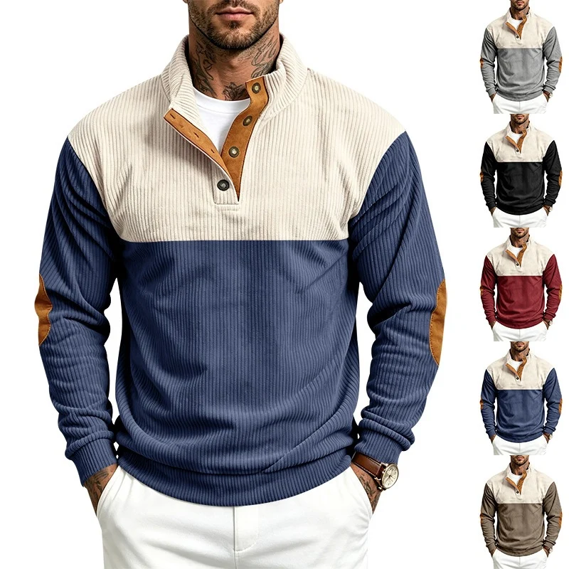 Herren Strukturiertes Ripp-Henley-Halbzip mit Stehkragen und Ellenbogen-Patches Drune