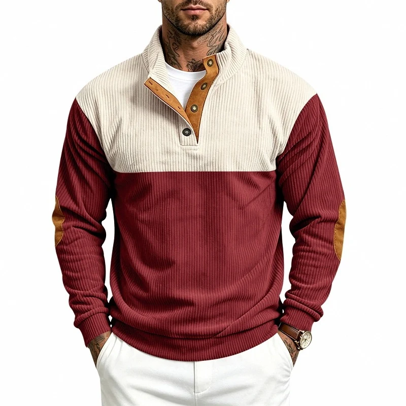 Herren Strukturiertes Ripp-Henley-Halbzip mit Stehkragen und Ellenbogen-Patches Drune