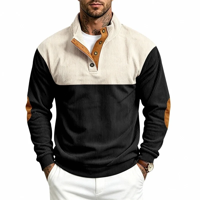 Herren Strukturiertes Ripp-Henley-Halbzip mit Stehkragen und Ellenbogen-Patches Drune