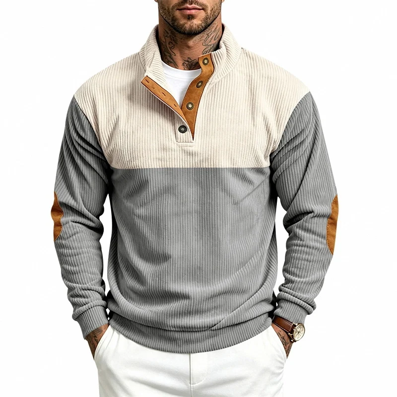 Herren Strukturiertes Ripp-Henley-Halbzip mit Stehkragen und Ellenbogen-Patches Drune