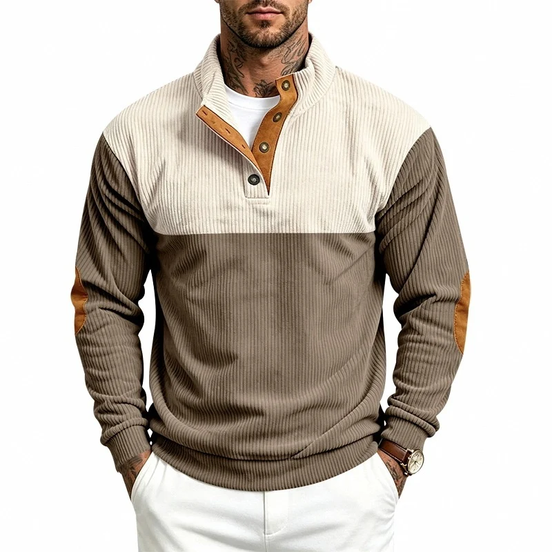 Herren Strukturiertes Ripp-Henley-Halbzip mit Stehkragen und Ellenbogen-Patches Drune
