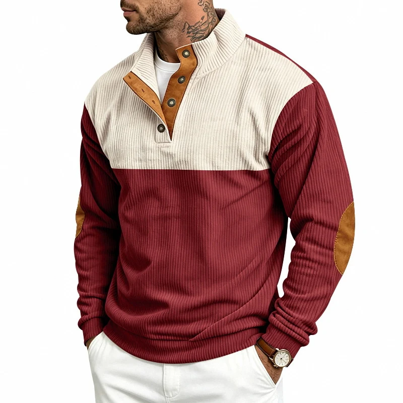 Herren Strukturiertes Ripp-Henley-Halbzip mit Stehkragen und Ellenbogen-Patches Drune