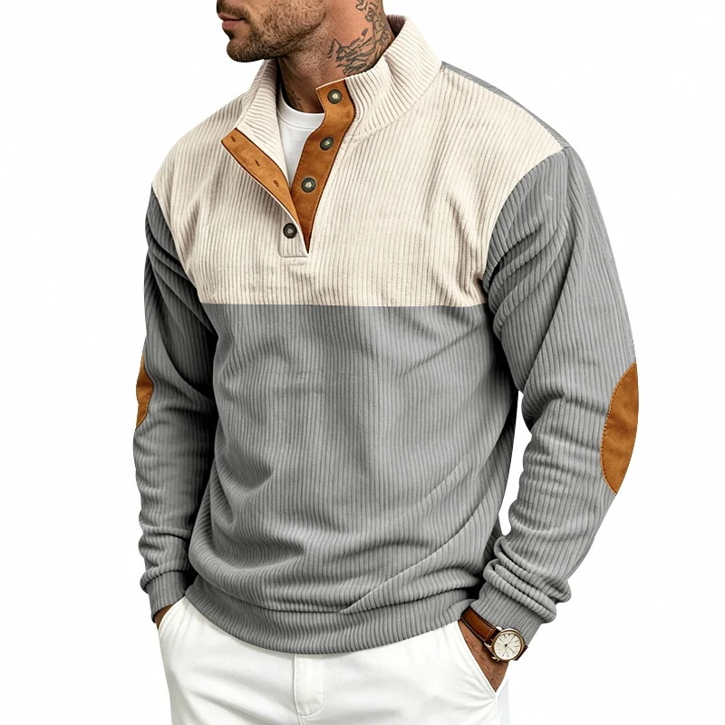Herren Strukturiertes Ripp-Henley-Halbzip mit Stehkragen und Ellenbogen-Patches Drune