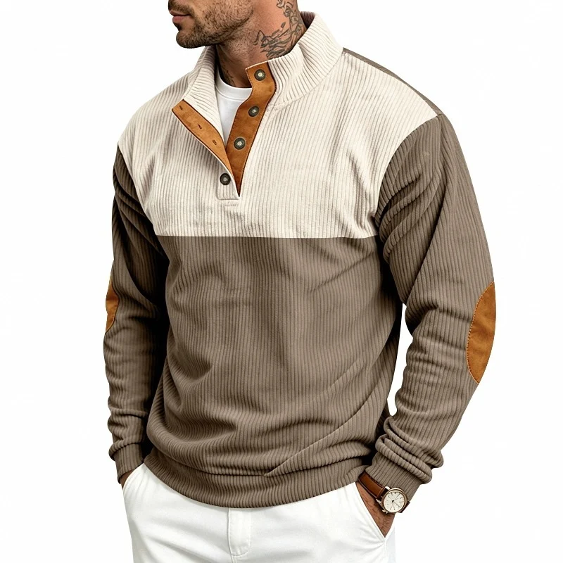 Herren Strukturiertes Ripp-Henley-Halbzip mit Stehkragen und Ellenbogen-Patches Drune