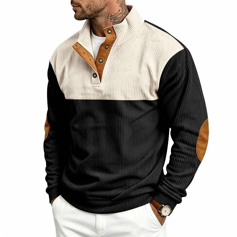 Herren Strukturiertes Ripp-Henley-Halbzip mit Stehkragen und Ellenbogen-Patches Drune
