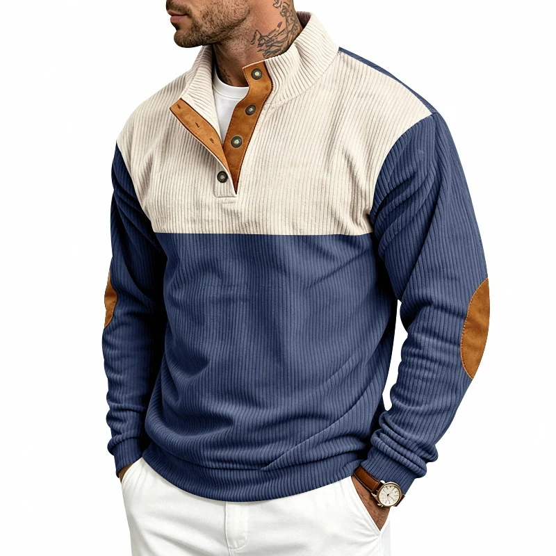 Herren Strukturiertes Ripp-Henley-Halbzip mit Stehkragen und Ellenbogen-Patches Drune
