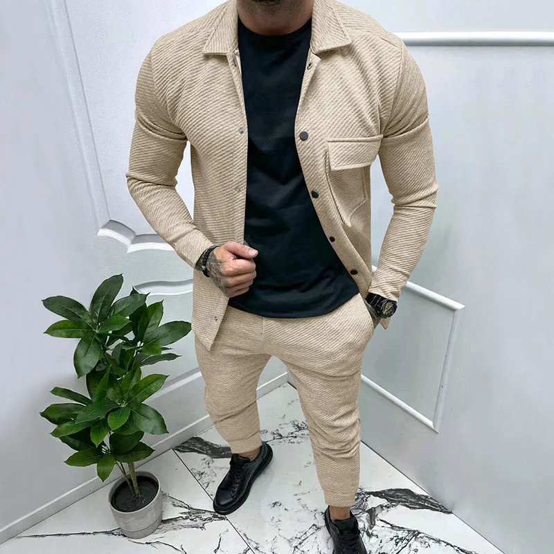 Herren Strukturiertes Jersey-Freizeitset mit Overshirt und Tapered Jogginghose Drune