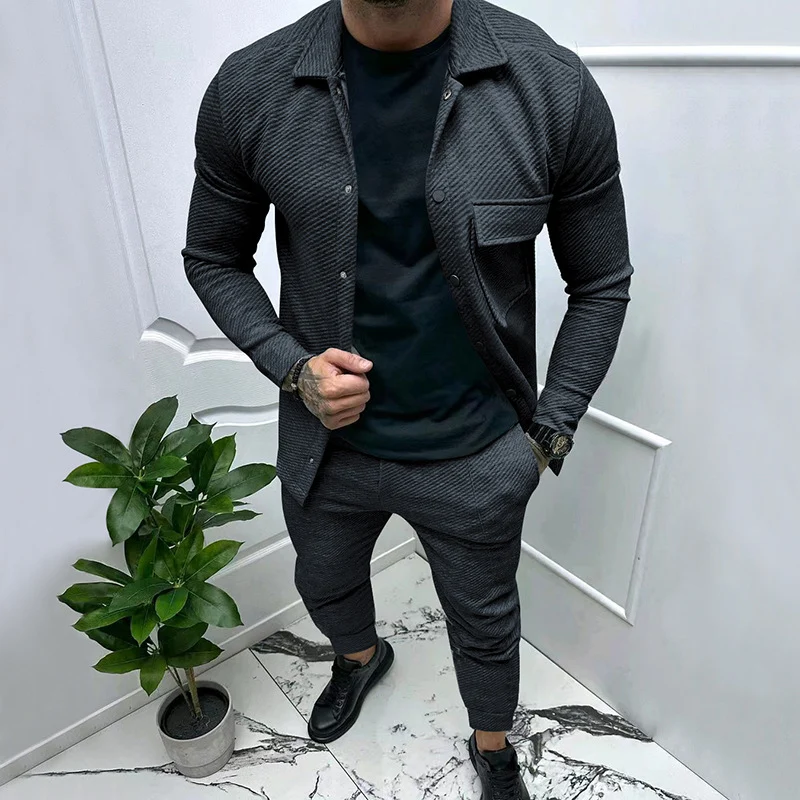 Herren Strukturiertes Jersey-Freizeitset mit Overshirt und Tapered Jogginghose Drune