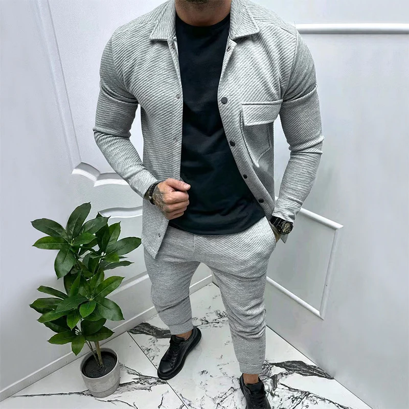 Herren Strukturiertes Jersey-Freizeitset mit Overshirt und Tapered Jogginghose Drune