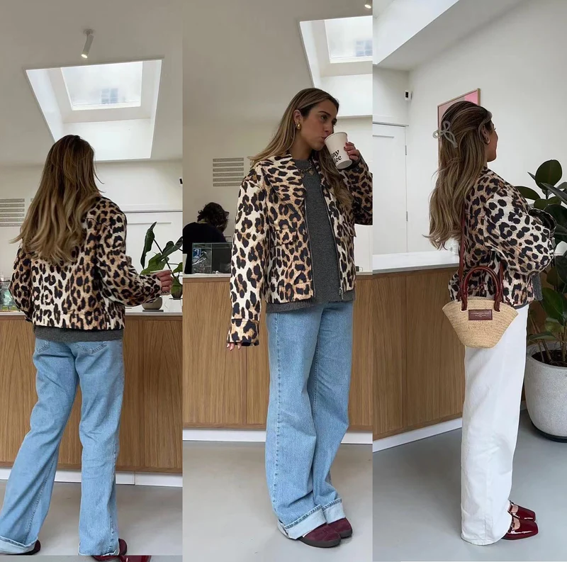 Damen Cropped-Fieldjacke im Leopardenmuster mit breitem Revers und Pattentaschen Drune