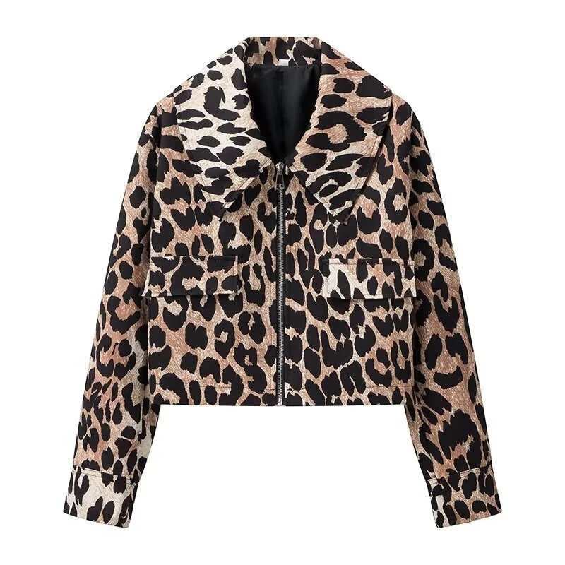 Damen Cropped-Fieldjacke im Leopardenmuster mit breitem Revers und Pattentaschen Drune