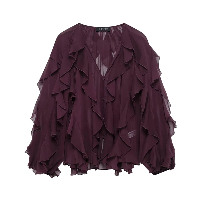 Damen Chiffon-Bluse mit vielfachen Volant-Rüschen und Knopfleiste Drune