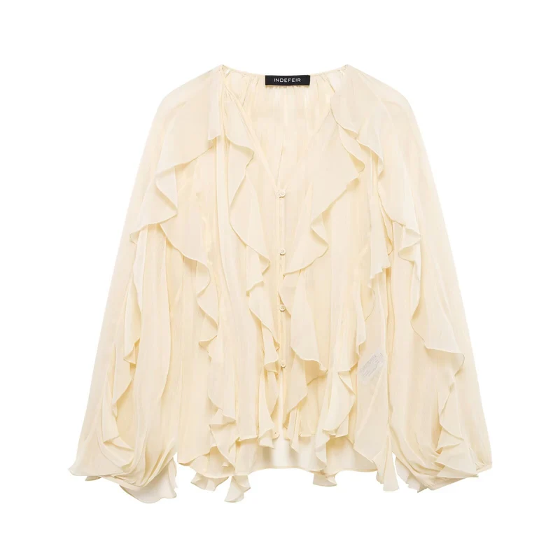Damen Chiffon-Bluse mit vielfachen Volant-Rüschen und Knopfleiste Drune