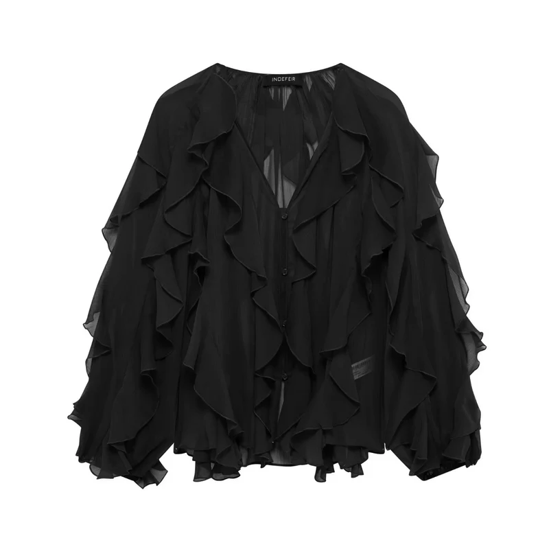 Damen Chiffon-Bluse mit vielfachen Volant-Rüschen und Knopfleiste Drune