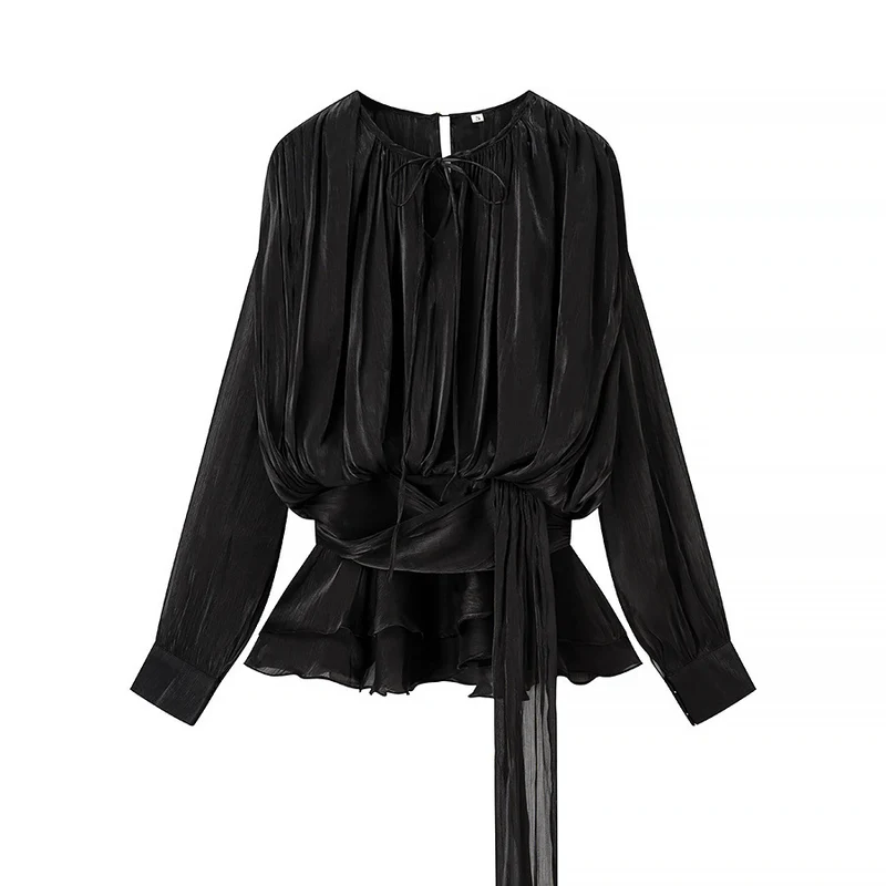 Damen Chiffon-Bluse mit drapierter Korsagen-Optik, Volant‑Peplum und Bindegürtel Drune