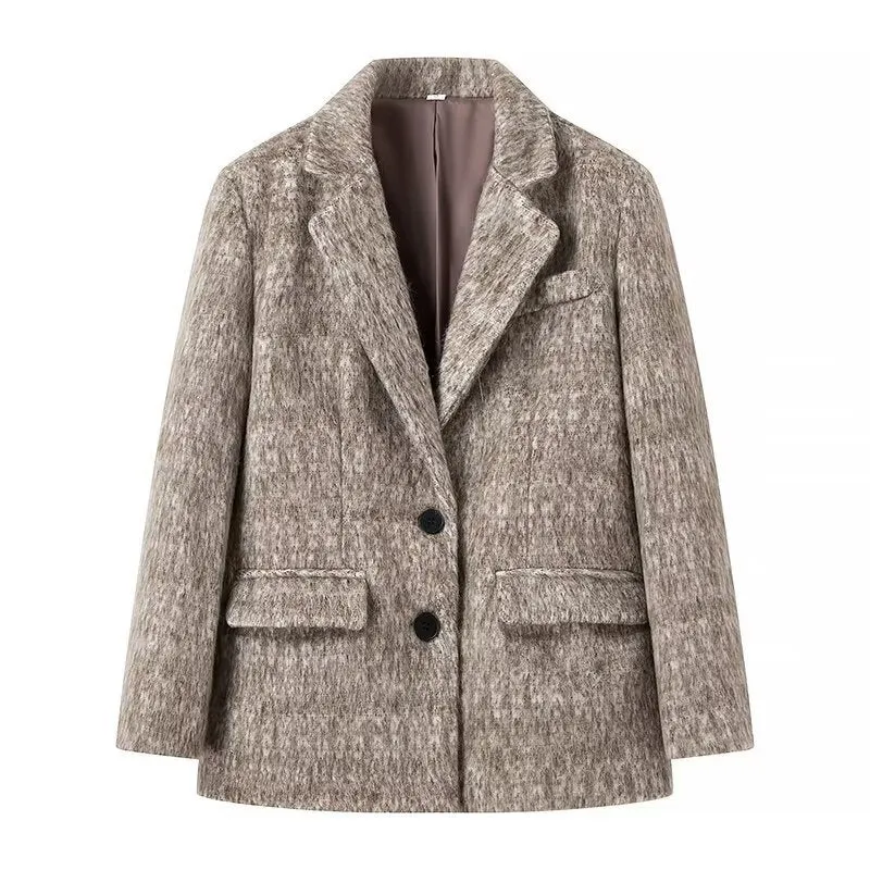 Damen Boxy Wollmix-Blazer-Mantel mit Bouclé‑Struktur, Reverskragen und Pattentaschen Drune