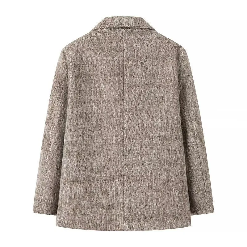 Damen Boxy Wollmix-Blazer-Mantel mit Bouclé‑Struktur, Reverskragen und Pattentaschen Drune