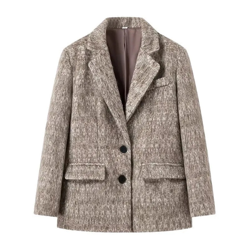 Damen Boxy Wollmix-Blazer-Mantel mit Bouclé‑Struktur, Reverskragen und Pattentaschen Drune