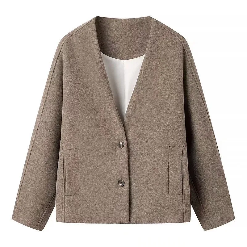 Damen Boxy Kurzjacke aus Wollmix mit V‑Ausschnitt und Zwei‑Knopf‑Verschluss Drune