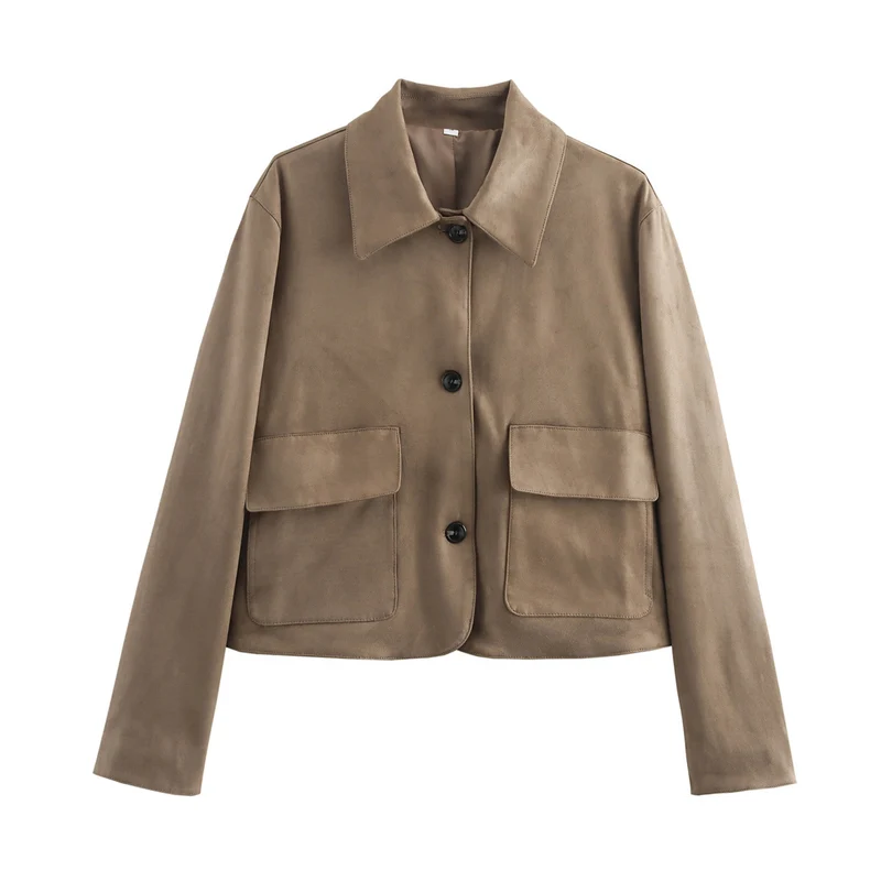 Damen Boxy-Kurzjacke aus Wildlederoptik mit Hemdkragen und aufgesetzten Pattentaschen Drune