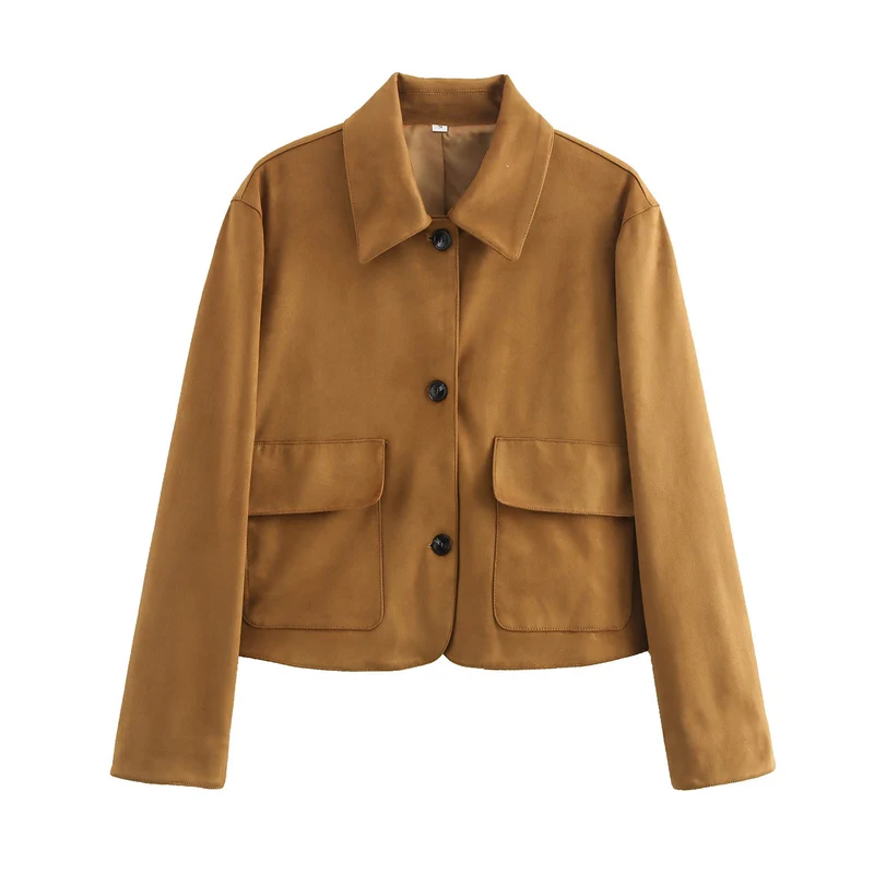 Damen Boxy-Kurzjacke aus Wildlederoptik mit Hemdkragen und aufgesetzten Pattentaschen Drune
