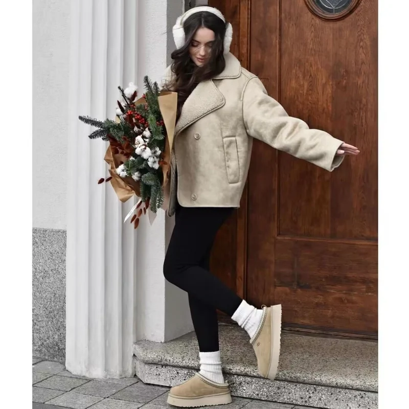 Damen Boxy-Jacke aus Faux-Shearling mit großem Teddykragen und Eingrifftaschen Drune