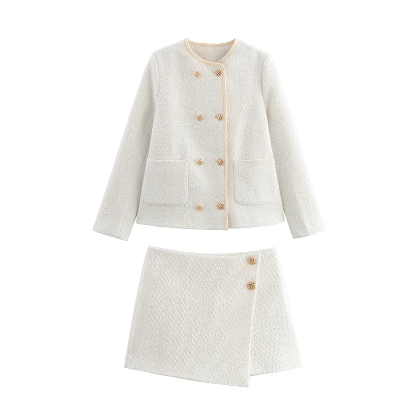 Damen Bouclé‑Tweed‑Kurzjacke mit goldknöpfen, Rundhals und aufgesetzten Taschen Drune