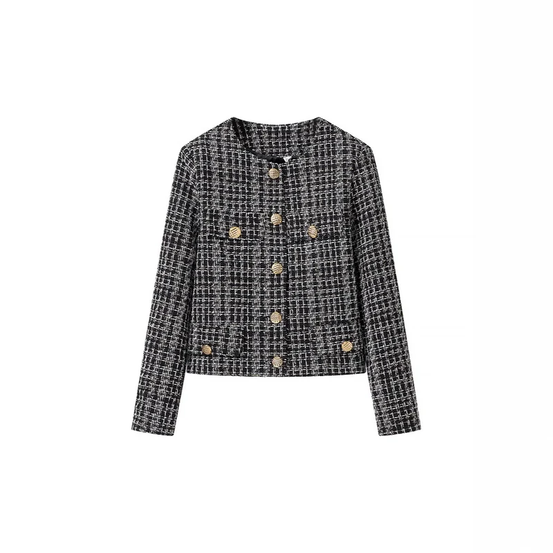 Damen Bouclé-Tweed-Jacke mit Zierknöpfen und kastiger Cropped-Silhouette Drune