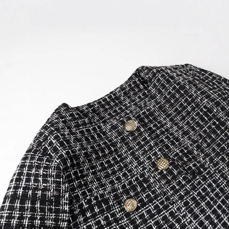 Damen Bouclé-Tweed-Jacke mit Zierknöpfen und kastiger Cropped-Silhouette Drune