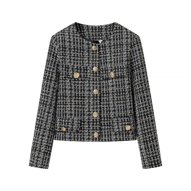 Damen Bouclé-Tweed-Jacke mit Zierknöpfen und kastiger Cropped-Silhouette Drune