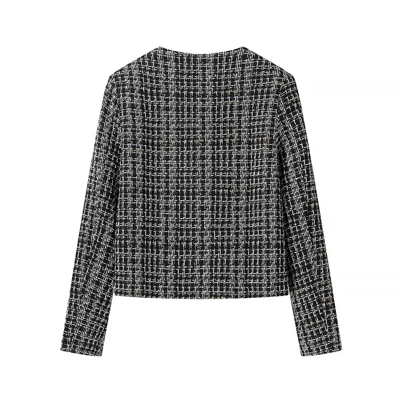 Damen Bouclé-Tweed-Jacke mit Rundhalsausschnitt, goldenen Zierknöpfen und aufgesetzten Taschen Drune