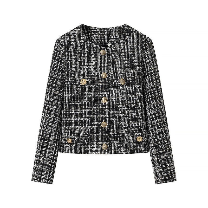 Damen Bouclé-Tweed-Jacke mit Rundhalsausschnitt, goldenen Zierknöpfen und aufgesetzten Taschen Drune
