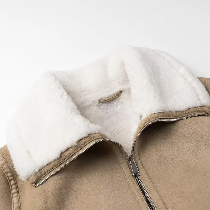Damen Bomberjacke aus Veloursimitat mit Teddyfutter und großem Schalkragen Drune