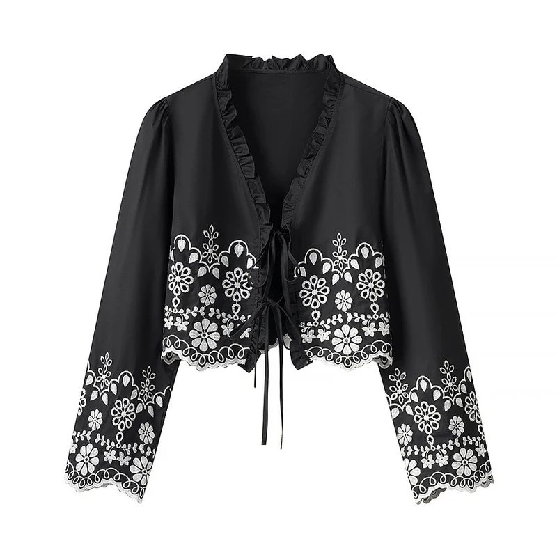 Damen Besticktes Kurzbolero mit Rüschen-V-Ausschnitt und Schnürverschluss Drune
