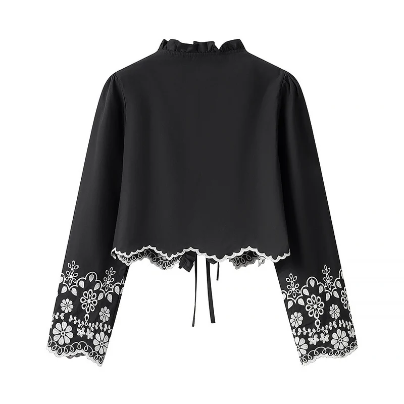 Damen Besticktes Kurzbolero mit Rüschen-V-Ausschnitt und Schnürverschluss Drune