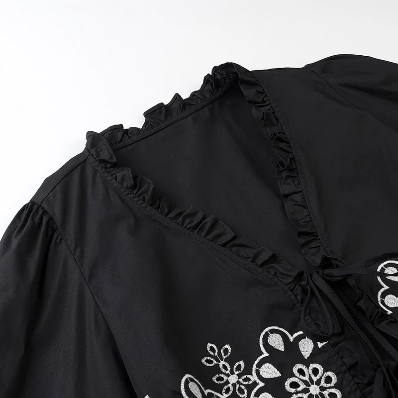 Damen Besticktes Kurzbolero mit Rüschen-V-Ausschnitt und Schnürverschluss Drune