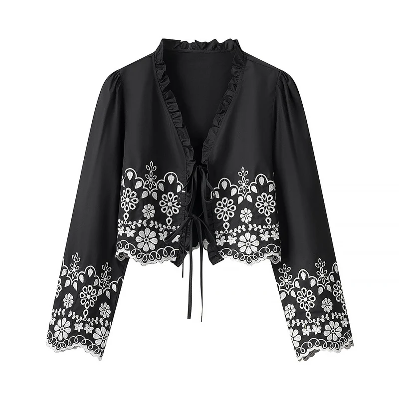 Damen Besticktes Kurzbolero mit Rüschen-V-Ausschnitt und Schnürverschluss Drune