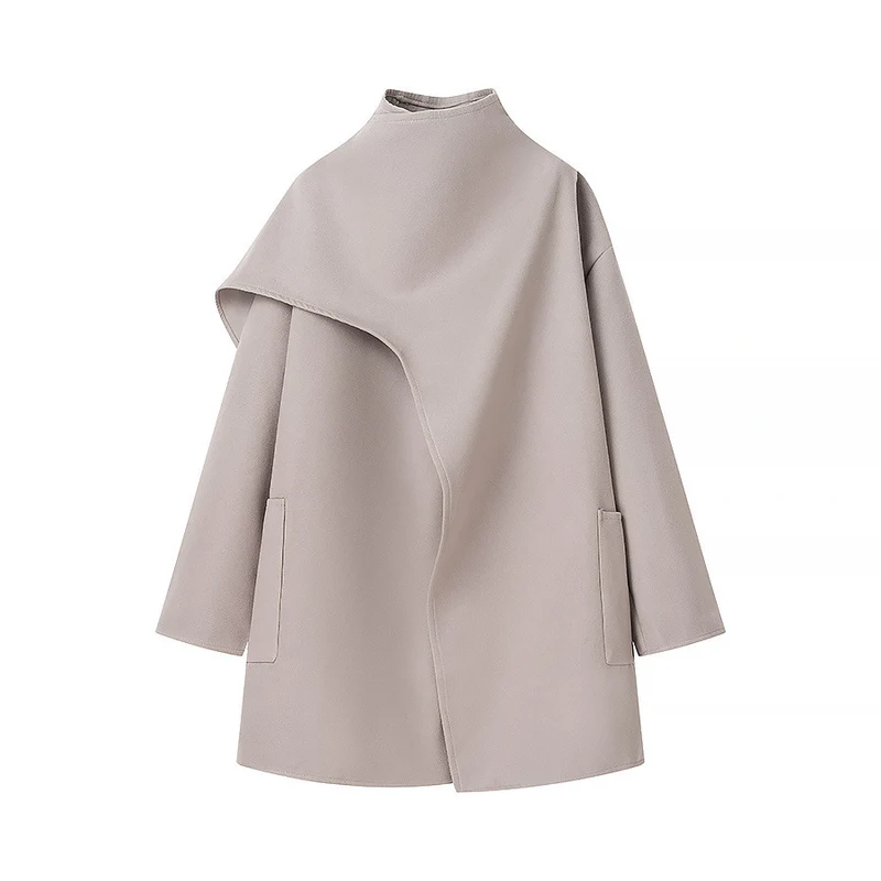 Damen Asymmetrischer Wollmix-Mantel mit Cape-Überwurf und Stehkragen Drune