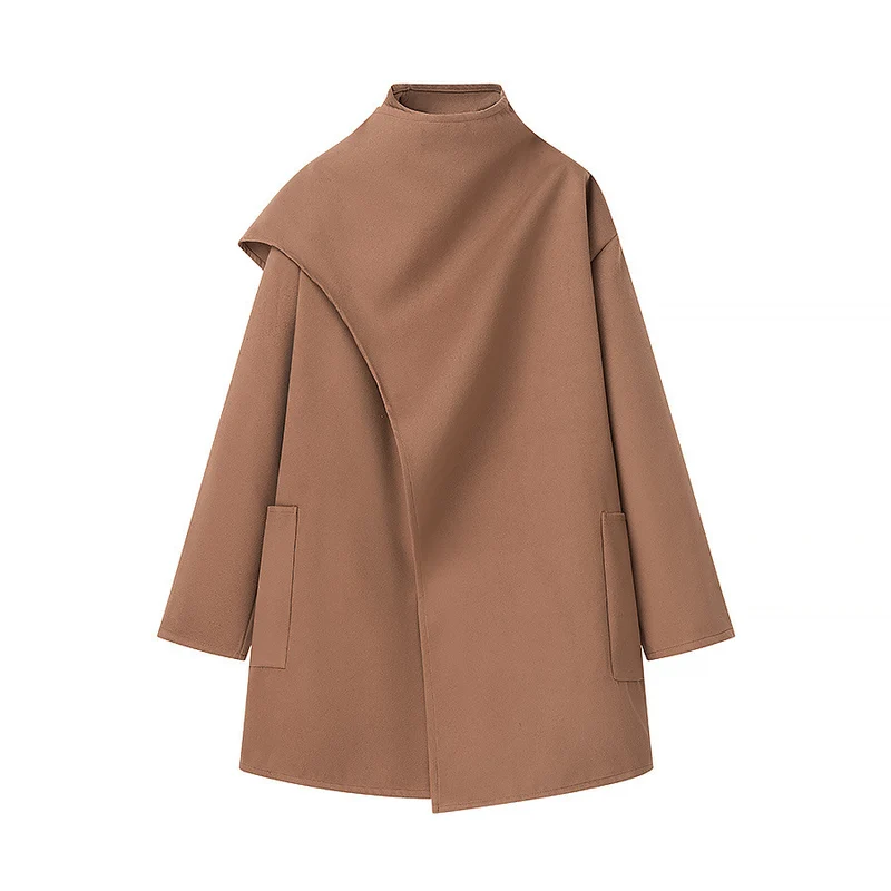 Damen Asymmetrischer Wollmix-Mantel mit Cape-Überwurf und Stehkragen Drune