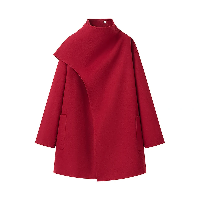 Damen Asymmetrischer Wollmix-Mantel mit Cape-Überwurf und Stehkragen Drune