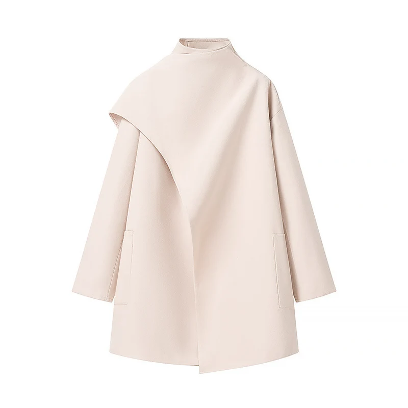 Damen Asymmetrischer Wollmix-Mantel mit Cape-Überwurf und Stehkragen Drune