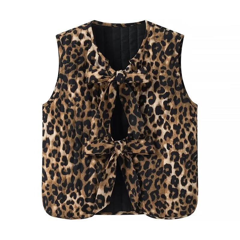 Damen Ärmellose Leoparden-Print-Weste mit Bindeschleifen und strukturierter Oberfläche Drune