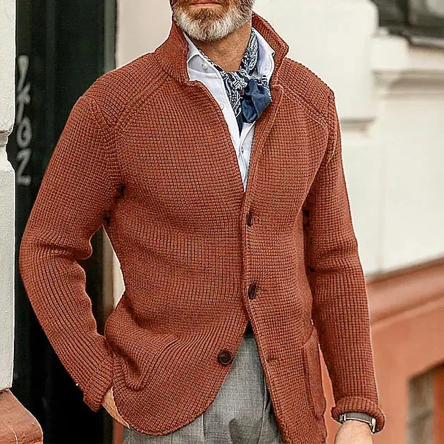 Herren Waffelstruktur-Cardigan-Blazer mit Stehkragen und aufgesetzten Taschen Drune