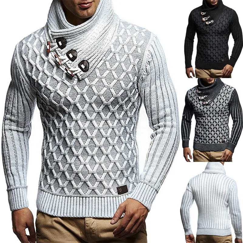 Herren Strukturstrick-Pullover mit überlappendem Rollkragen und Knebelverschlüssen Drune