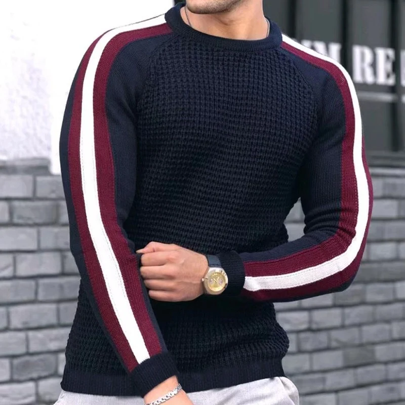 Herren Strukturstrick-Pullover mit Raglanärmeln und Kontraststreifen Drune